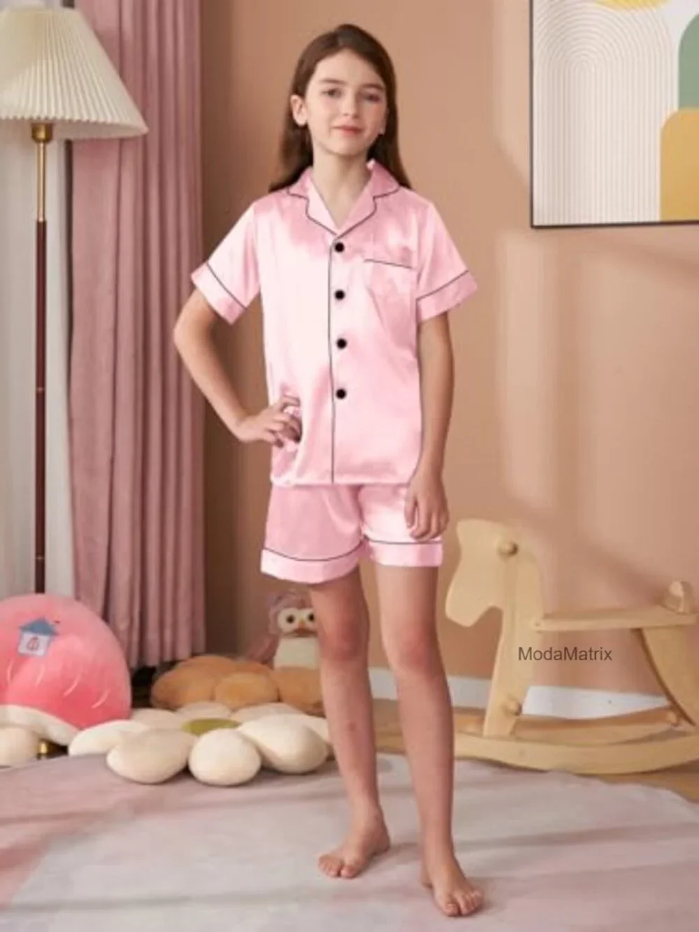 Matching Family Silk Pajama Set Button Down Satin Loungewear 2 Piece Top Shorts